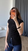 Dik Yaka Ön Pileli Düğme Detay Triko Bluz Siyah 2411