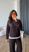 Dik Yaka Yârım Fermuarlı Tişört Detay Sweat ve Pantolonlu İkili Modal Takım Kahve 2401