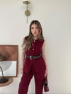 Düğmeli Bel Kemer Detay İç Astarlı Yelek ve Pantolonlu Double Kumaş İkili Takım Bordo 2144