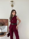 Düğmeli Bel Kemer Detay İç Astarlı Yelek ve Pantolonlu Double Kumaş İkili Takım Bordo 2144