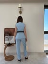 Düğmeli Bel Kemer Detay İç Astarlı Yelek ve Pantolonlu Double Kumaş İkili Takım Bebe Mavi 2144