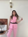 Düğmeli Bel Kemer Detay İç Astarlı Yelek ve Pantolonlu Double Kumaş İkili Takım Pembe 2144