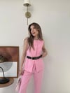 Düğmeli Bel Kemer Detay İç Astarlı Yelek ve Pantolonlu Double Kumaş İkili Takım Pembe 2144