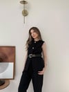 Düğmeli Bel Kemer Detay İç Astarlı Yelek ve Pantolonlu Double Kumaş İkili Takım Siyah 2144