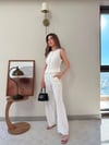 Düğmeli Bel Kuşaklı Yelek ve Pantolonlu Keten İkili Takım Beyaz 2219