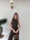 Düğmeli Bel Kuşaklı Yelek ve Pantolonlu Keten İkili Takım Acı Kahve 2219