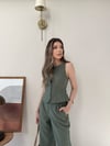 Düğmeli Bel Kuşaklı Yelek ve Pantolonlu Keten İkili Takım Haki 2219