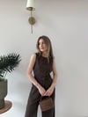 Düğmeli Bel Kuşaklı Yelek ve Pantolonlu Keten İkili Takım Acı Kahve 2219