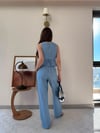 Düğmeli Bel Kuşaklı Yelek ve Pantolonlu Keten İkili Takım Mavi 2219