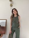 Düğmeli Bel Kuşaklı Yelek ve Pantolonlu Keten İkili Takım Haki 2219