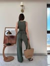 Düğmeli Bel Kuşaklı Yelek ve Pantolonlu Keten İkili Takım Haki 2219