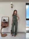 Düğmeli Bel Kuşaklı Yelek ve Pantolonlu Keten İkili Takım Haki 2219