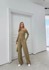 DÜŞÜK OMUZ BLUZ VE PANTOLONLU GOFRE İKİLİ TAKIM HAKİ