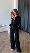 Fermuarlı Bel Drape Detay Bluz ve Pantolonlu Modal İkili Takım Siyah 2465