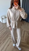 Fermuarlı Bel Drape Detay Bluz ve Pantolonlu Modal İkili Takım Bej 2465