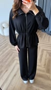 Fermuarlı Bel Drape Detay Bluz ve Pantolonlu Modal İkili Takım Siyah 2465