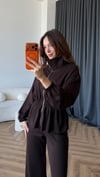Fermuarlı Bel Drape Detay Bluz ve Pantolonlu Modal İkili Takım Kahve 2465