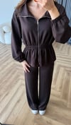 Fermuarlı Bel Drape Detay Bluz ve Pantolonlu Modal İkili Takım Kahve 2465
