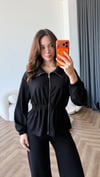 Fermuarlı Bel Drape Detay Bluz ve Pantolonlu Modal İkili Takım Siyah 2465