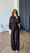 Fermuarlı Bel Drape Detay Bluz ve Pantolonlu Modal İkili Takım Kahve 2465