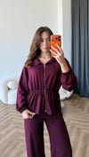 Fermuarlı Bel Drape Detay Bluz ve Pantolonlu Modal İkili Takım Mürdüm 2465