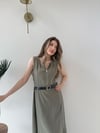 Fermuarlı Bel Kemer Detay Yırtmaçlı Uzun Keten Elbise Haki 2274