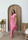 GOFRE ÖN BAĞLAMA DETAY ETEK VE BLUZ İKİLİ TAKIM PEMBE