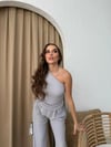 GOFRE TEK OMUZ BLUZ VE PANTOLONLU İKİLİ TAKIM GRİ