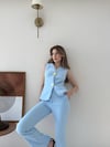 Gold Çift Düğme Detay Yelek ve Pantolonlu Double Kumaş İkili Takım Bebe Mavi  2143