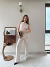 Halter Yaka Bel Bağcıklı Bluz ve Pantolonlu Tensel Modal Takım Bej 2218
