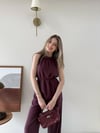 Halter Yaka Bel Bağcıklı Bluz ve Pantolonlu Tensel Modal Takım Mürdüm 2218