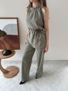 Halter Yaka Bel Bağcıklı Bluz ve Pantolonlu Tensel Modal Takım Haki 2218