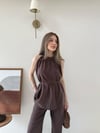 Halter Yaka Bel Bağcıklı Bluz ve Pantolonlu Tensel Modal Takım Acı Kahve 2218