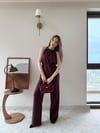 Halter Yaka Bel Bağcıklı Bluz ve Pantolonlu Tensel Modal Takım Mürdüm 2218