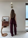 Halter Yaka Bel Bağcıklı Bluz ve Pantolonlu Tensel Modal Takım Mürdüm 2218
