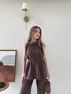 Halter Yaka Bel Bağcıklı Bluz ve Pantolonlu Tensel Modal Takım Acı Kahve 2218