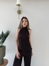Halter Yaka Sırt Dekolte Detay Bluz ve Pantolonlu Pilise Takım Acı Kahve 2273