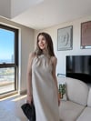 Halter Yaka Uzun Keten Elbise Bej 2305