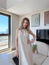 Halter Yaka Uzun Keten Elbise Bej 2305