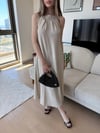 Halter Yaka Uzun Keten Elbise Bej 2305