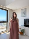 Halter Yaka Uzun Keten Elbise Kahve 2305