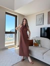 Halter Yaka Uzun Keten Elbise Kahve 2305
