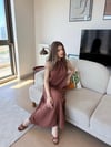 Halter Yaka Uzun Keten Elbise Kahve 2305