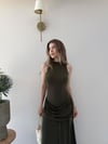 Helter Yaka Bel Drape Yırtmaçlı Elbise Haki 2291