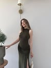 Helter Yaka Bel Drape Yırtmaçlı Elbise Haki 2291