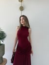 Helter Yaka Bel Drape Yırtmaçlı Elbise Bordo 2291