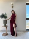 Helter Yaka Bel Drape Yırtmaçlı Elbise Bordo 2291
