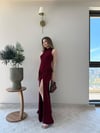 Helter Yaka Bel Drape Yırtmaçlı Elbise Bordo 2291