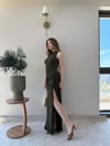 Helter Yaka Bel Drape Yırtmaçlı Elbise Haki 2291