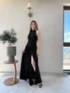 Helter Yaka Bel Drape Yırtmaçlı Elbise Siyah 2291